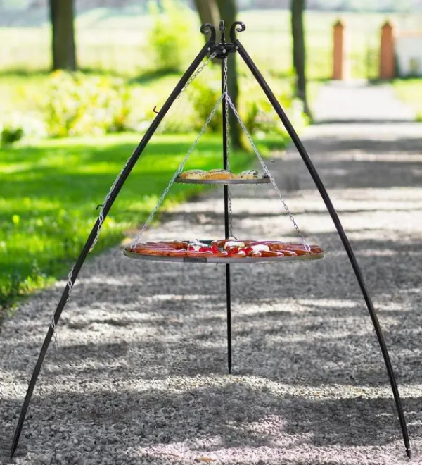 Gartendekoparadies Bols À Feu & Poêles De Jardin-Barbecue 2 Grilles de Cuisson suspendu sur Trépied 200 cm – en acier inox 70 cm et 40 cm