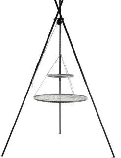 Gartendekoparadies Bols À Feu & Poêles De Jardin-Barbecue 2 Grilles de Cuisson suspendu «TIPI» sur Trépied 210 cm – en acier inox 70 cm et 40 cm