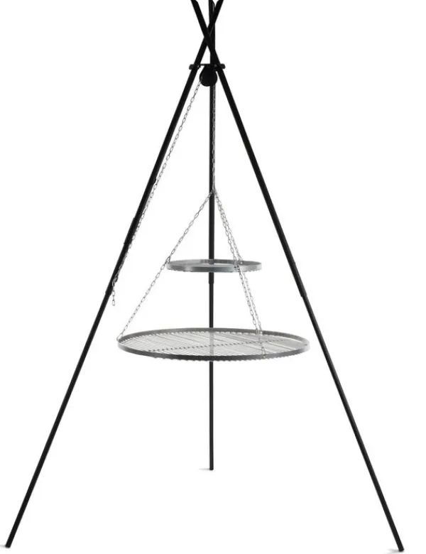 Gartendekoparadies Bols À Feu & Poêles De Jardin-Barbecue 2 Grilles de Cuisson suspendu «TIPI» sur Trépied 210 cm – en acier inox 70 cm et 40 cm