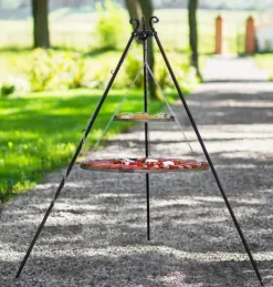 Gartendekoparadies Bols À Feu & Poêles De Jardin-Barbecue 2 Grilles de Cuisson suspendu sur Trépied 180 cm – en acier inox 70 cm et 40 cm