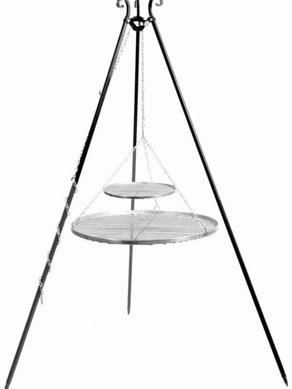 Gartendekoparadies Bols À Feu & Poêles De Jardin-Barbecue 2 Grilles de Cuisson suspendu sur Trépied 180 cm – en acier inox 70 cm et 40 cm