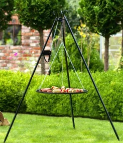 Gartendekoparadies Bols À Feu & Poêles De Jardin-Barbecue Grille de Cuisson suspendu sur Trépied 180 cm – en acier inox 50 cm avec moulinet