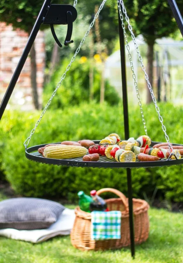 Gartendekoparadies Bols À Feu & Poêles De Jardin-Barbecue Grille de Cuisson suspendu sur Trépied 180 cm – en acier avec moulinet