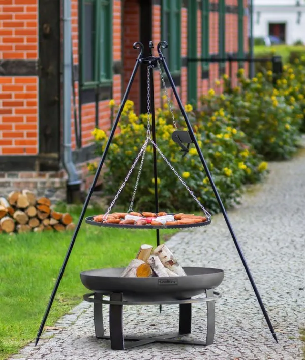 Gartendekoparadies Bols À Feu & Poêles De Jardin-Barbecue Grille de Cuisson suspendu sur Trépied 180 cm – en acier avec moulinet