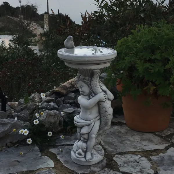 Gartendekoparadies Figures & Statues|Enfants & Anges-Figure de garçon avec un grand bain d'oiseau