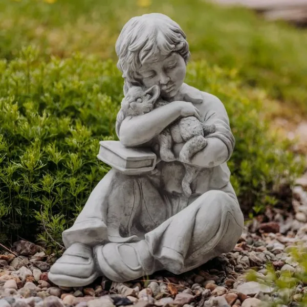 Gartendekoparadies Enfants & Anges-Figurine garçon avec petit chat