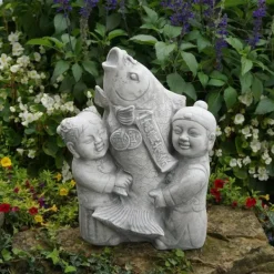 Gartendekoparadies Bouddhas-Figurine japonaise pour enfants avec poisson koi