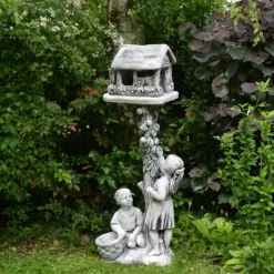 Gartendekoparadies Figures & Statues|Enfants & Anges-Garçon et fille avec une statue de mangeoire à oiseaux
