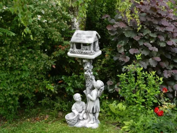 Gartendekoparadies Figures & Statues|Enfants & Anges-Garçon et fille avec une statue de mangeoire à oiseaux