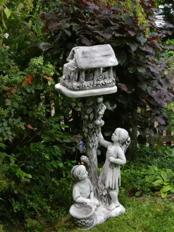 Gartendekoparadies Figures & Statues|Enfants & Anges-Garçon et fille avec une statue de mangeoire à oiseaux